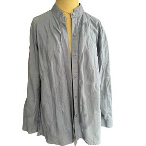 Linen blend Mandarin Collar Eyelet Button Up Shirt slits XL long sl lagenlook